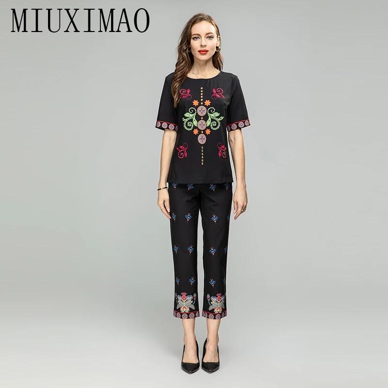 MIUXIMAO 2023 Fall Luxury Diamonds Sicily Elegant Set Flower Prints Top+ Slim Pants Fashion Two-piece Set Women