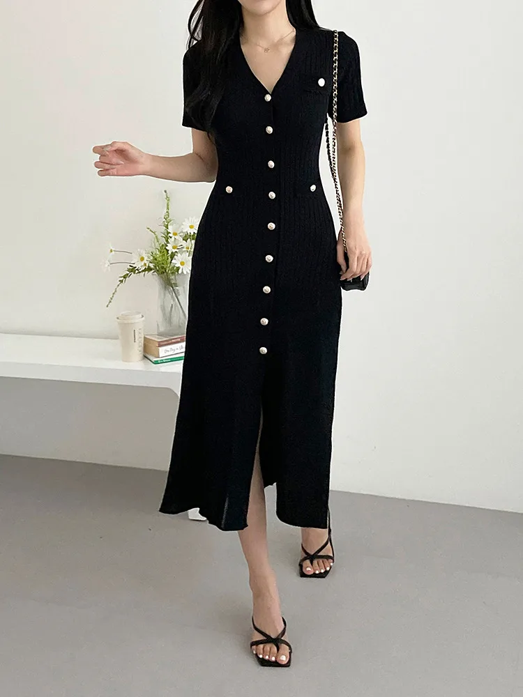 Vestido Midi Slim Fit de Malha Preta com Decote em V, Csola de Camada Base, Estilo Casual para o Dia a Dia, Moda Fena ...