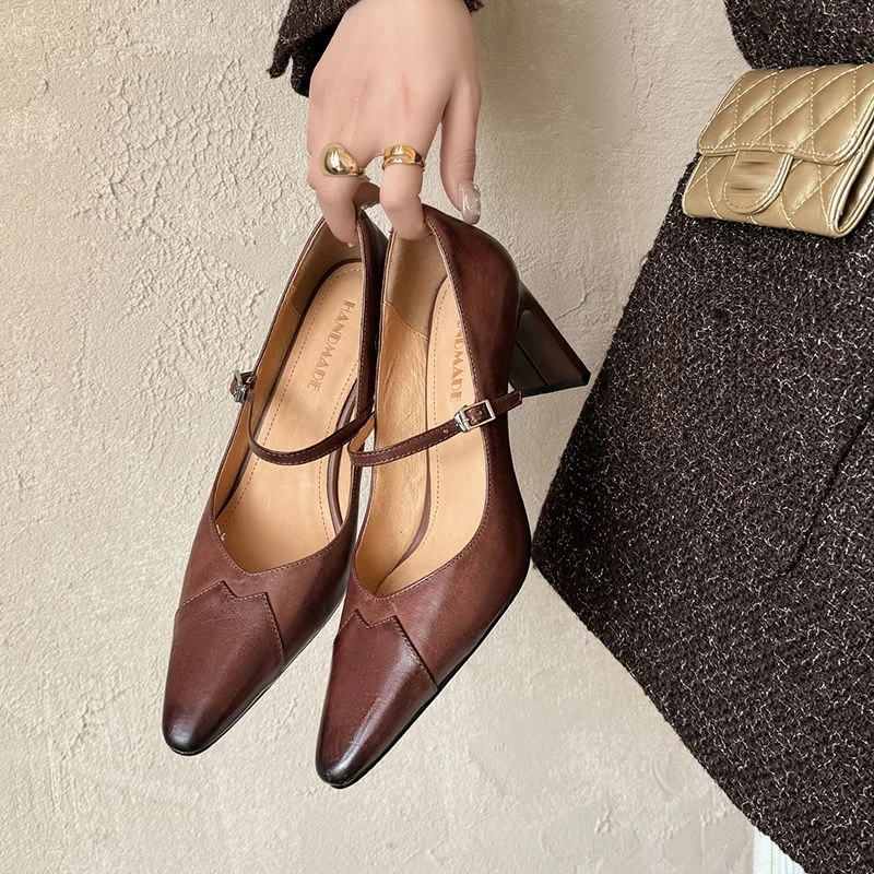 NEW Spring/Autumn Women Pumps Genuine Leather Shoes for Women Pointed Toe High Heel Shoes Shallow Buckle Strap Mary Janes Shoes