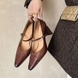 NEW Spring/Autumn Women Pumps Genuine Leather Shoes for Women Pointed Toe High Heel Shoes Shallow Buckle Strap Mary Janes Shoes