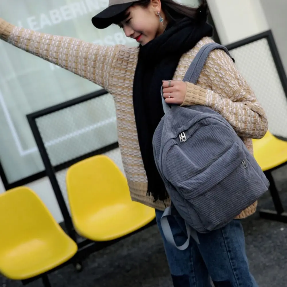 Striped Rucksack School Bag Large Capacity Multiple Pocket Lightweight Luggage Bag Corduroy Design Dacron Campus Junior Backpack