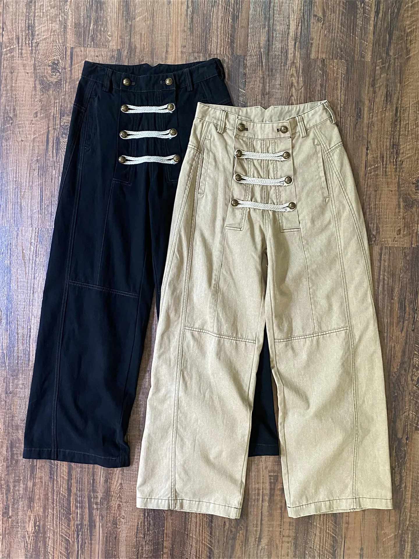 American Deconstructed Multi-Row Rope Buckle Work Pants Loose Straight Leg Wide Leg Casual Trousers for Men And Women