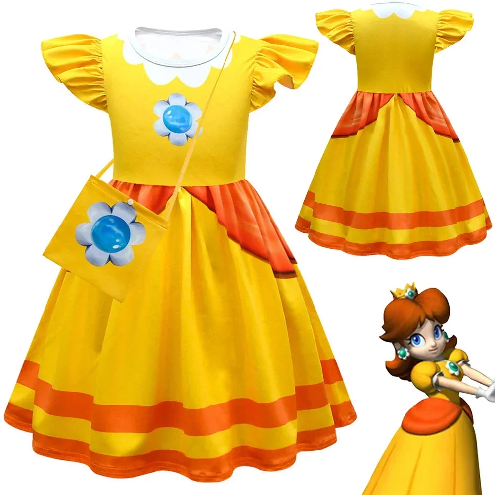 Mädchen Pfirsich Kleid Kinder Cosplay Kostüm Anime Spiel Film Bros Prinzessin Rollenspiel Fantasia Outfits Kind Halloween Karneval Kleidung