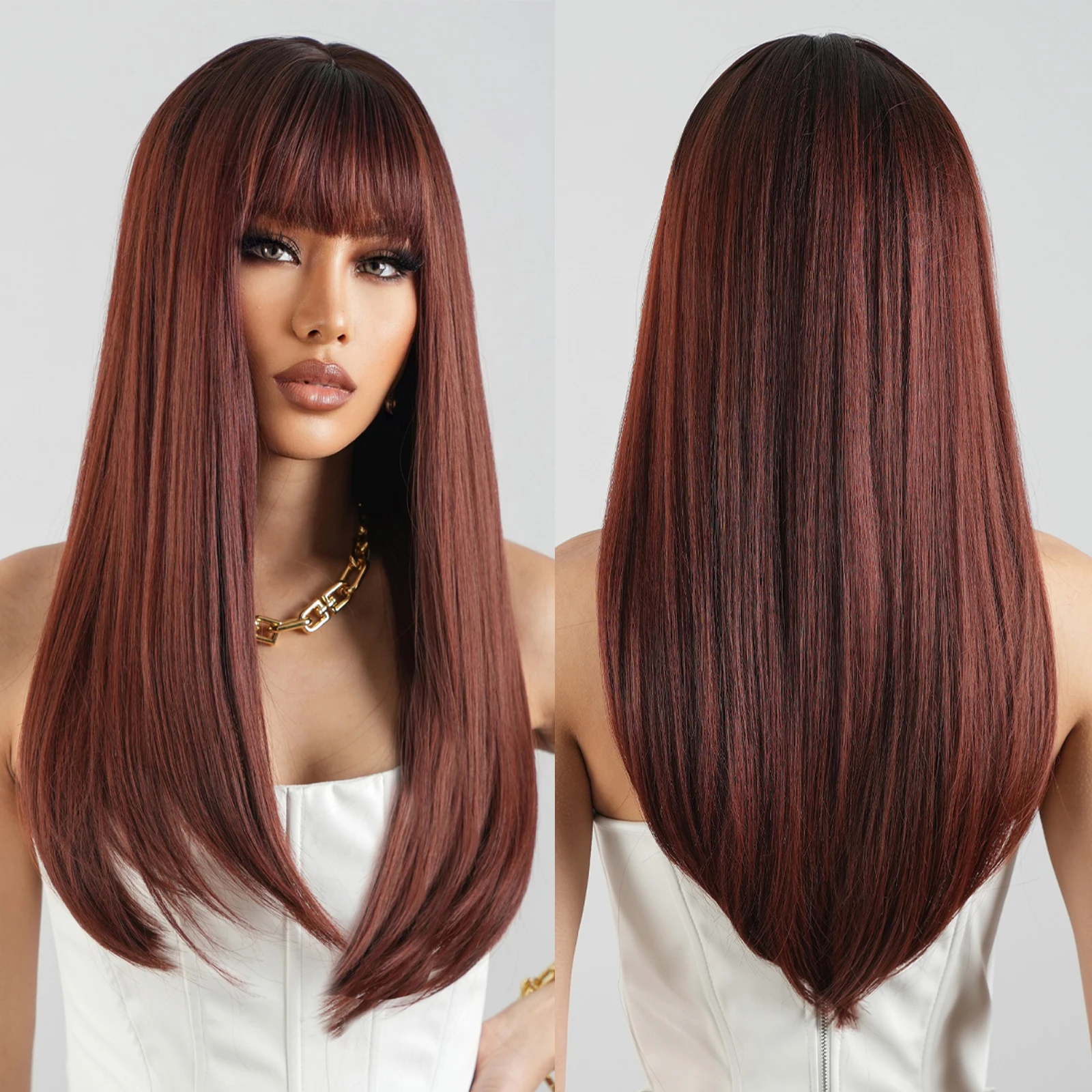 Wig Sintetis Panjang Warna Merah Anggur Coklat Wig Rambut Lurus Cosplay Warna Merah Anggur dengan Poni untuk Wanita Pesta Harian Halloween Tahan Panas