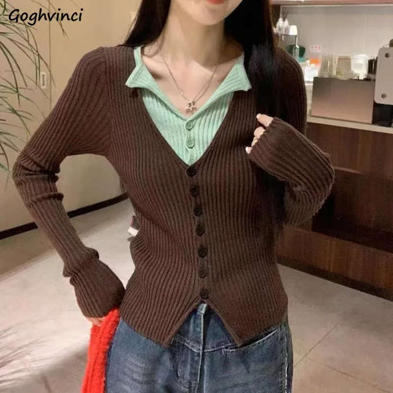 Women Shirt Panelled Slim Fit Chic Fake 2pcs Trendy Knitted Inner Autumn Design Popular All-match Korean Fashion Simple Cozy