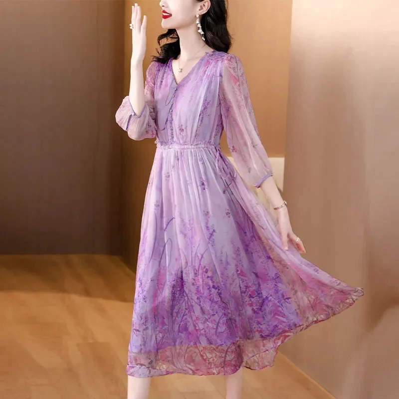 Summer Floral Silk V-Neck Long Party Dress Women Elegant Casual Beach Dress 2024 New Korean Fashion Chic Holiday Evening Dress