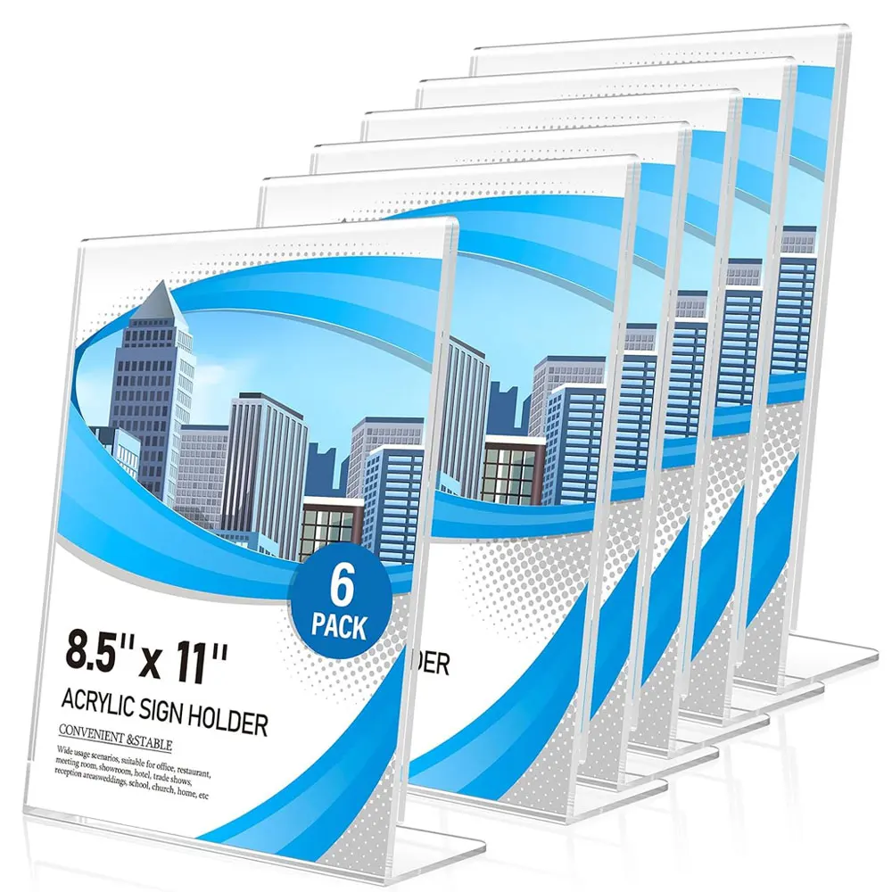 6-Pack 8.5 x 11 Inch Clear Acrylic L-Shaped Sign Holders, Vertical Tabletop Display Stands for Menus, Photos, Offices and Stores