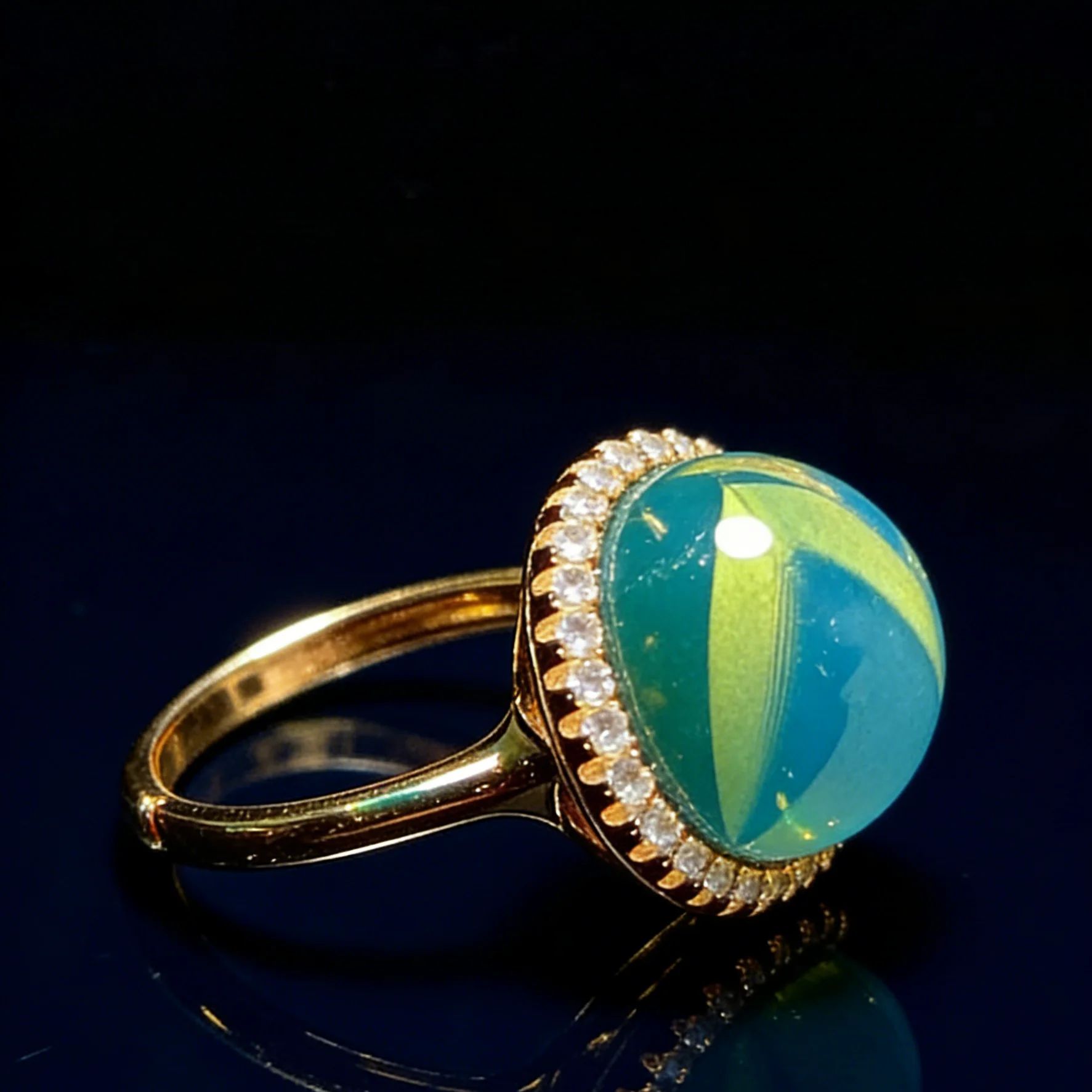 

Sterling Silver Ring with Natural Mexican Blue Amber 14mm Round Bead Full Diamond Halo Simple Elegant Jewelry for Daily Wear