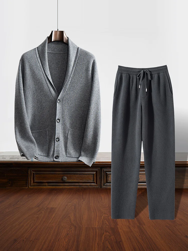 Autumn Winter Sweater Pants Combinations 100% Cashmere Thick Two-piece Men Turn-down Collar Buttons Cardigan Trousers Knit Suit