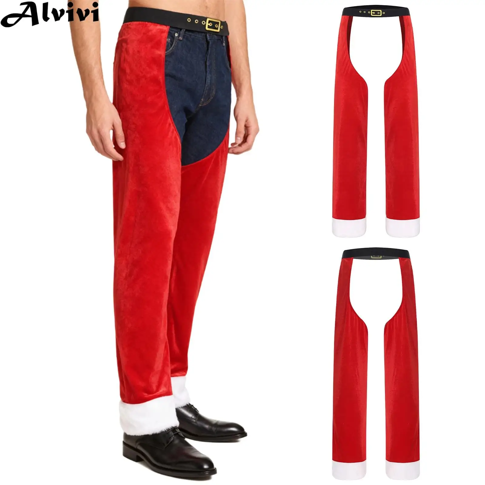 Adult Christmas Pants Xmas Party Santa Claus Cowboy Cowgirl Cosplay Performance Costume Open Crotch Tassel Velvet Chaps Trousers