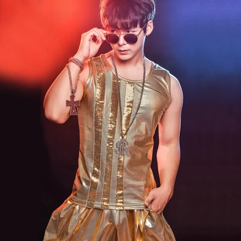 Fashion 3pcs Sets Men Dance Costume Gold/Silver Suit 2024 DS Party Rave Wear Nightclub Outfits Singers Stage outfits Clothes image 2