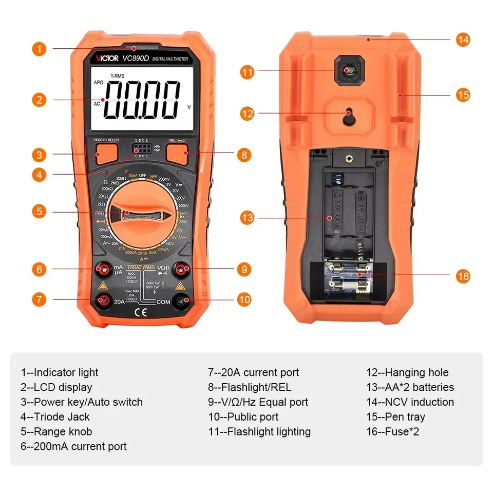 VICTOR Digital Multimeter VC890D/890C + Temperature Measurement Backlight VC890E Anti-burn Shutdown Plus 2000uF