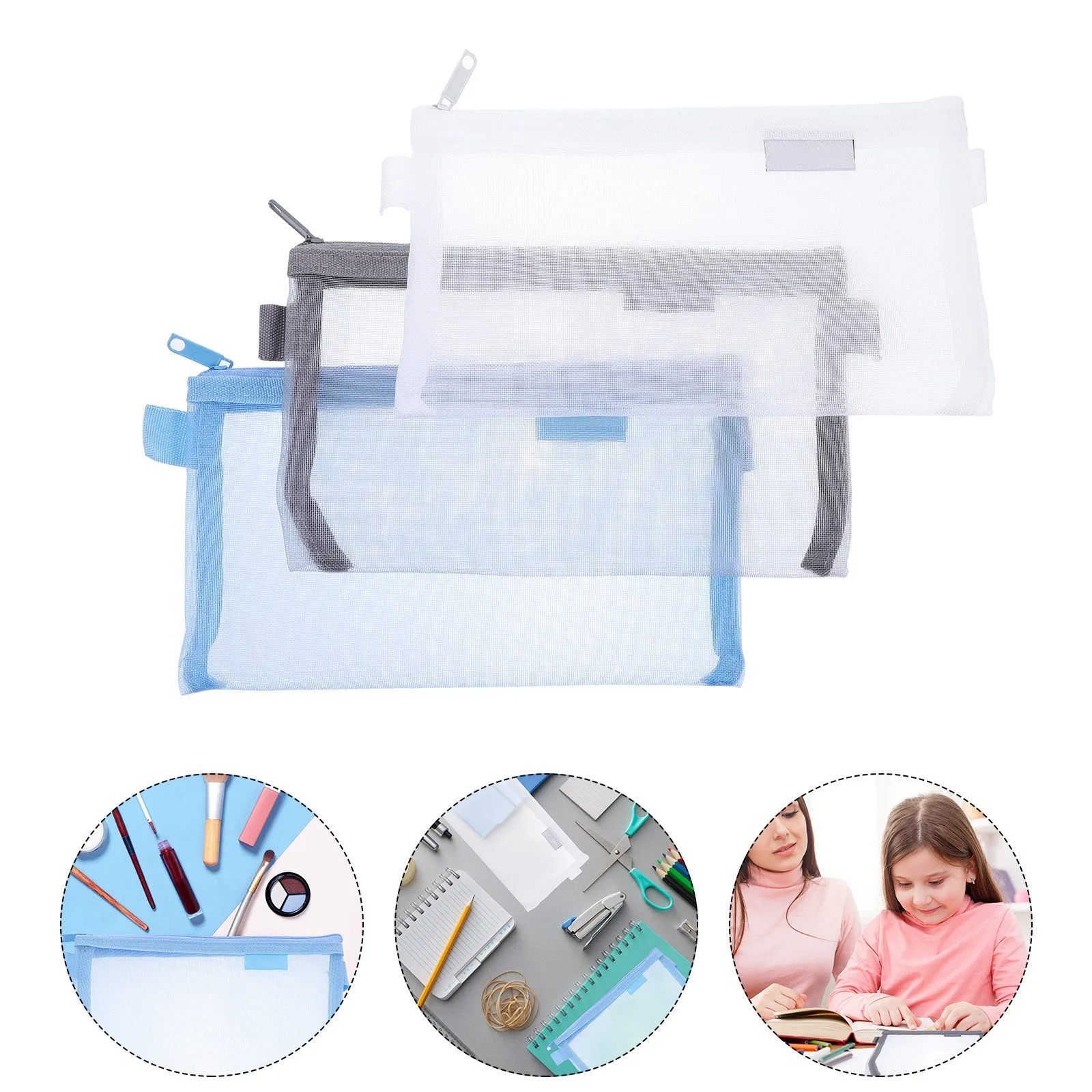 

3Pcs Stationery Bags Premium Mesh Pen Pouches Portable Zippered Storage Pockets Students Office Pencil Cases Assorted Colors