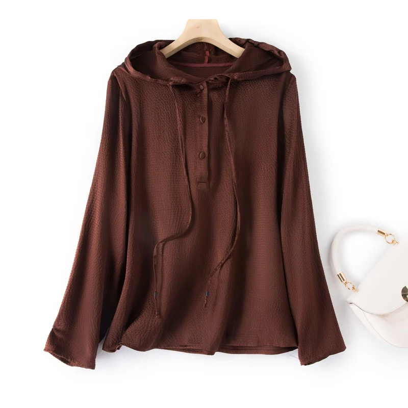 2023 Women\'s Chocolate Elastic Pearl Satin Long Sleeve Hoodie with Mulberry Silk Sunshade and Sunscreen Coat