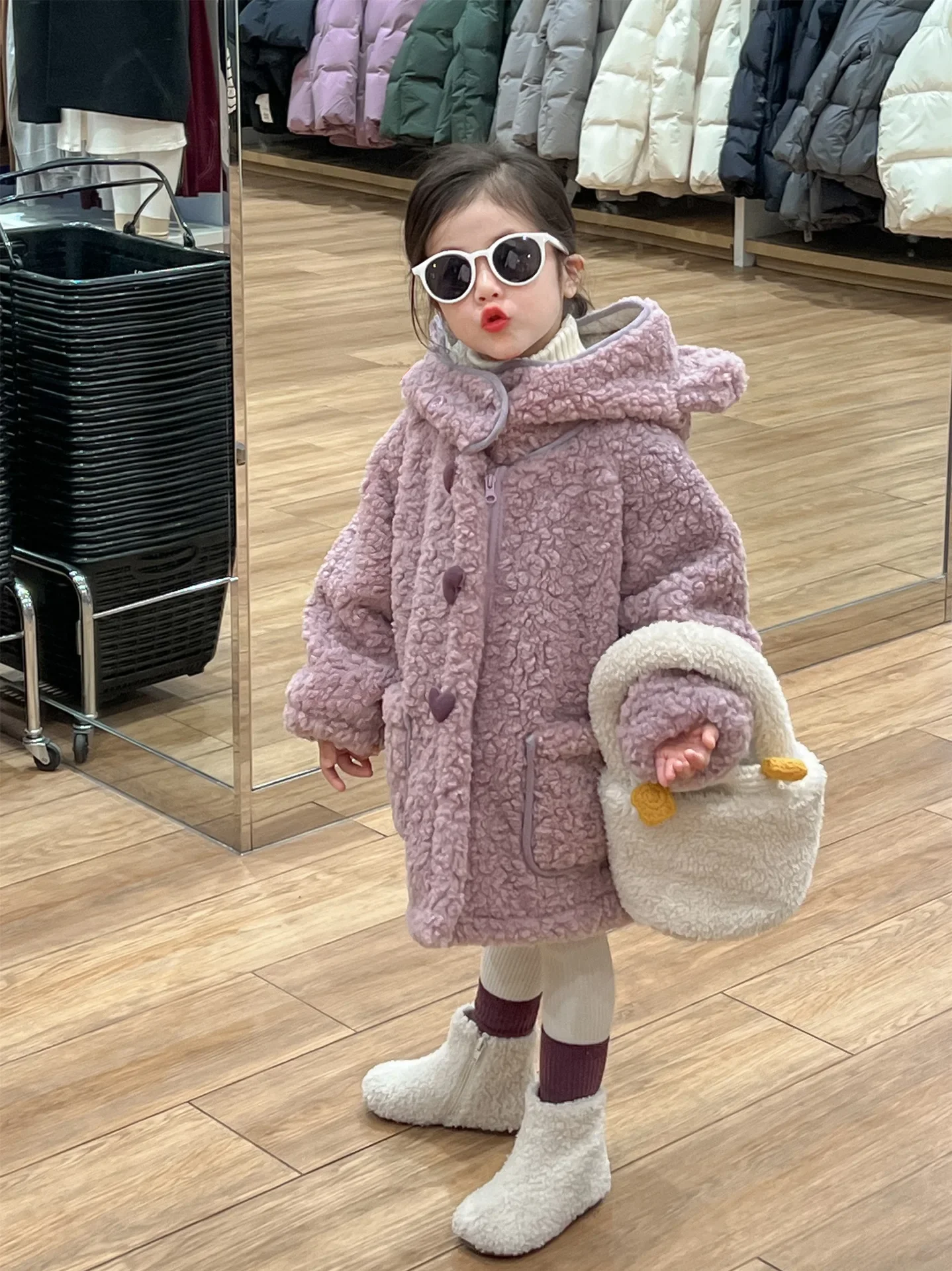 Kids Girls Coat 2024 Toddler Girls Thick Warm Purple Double-layer Lambs Wool 3d Ear Hooded Coat Baby Girl Winter Clothes