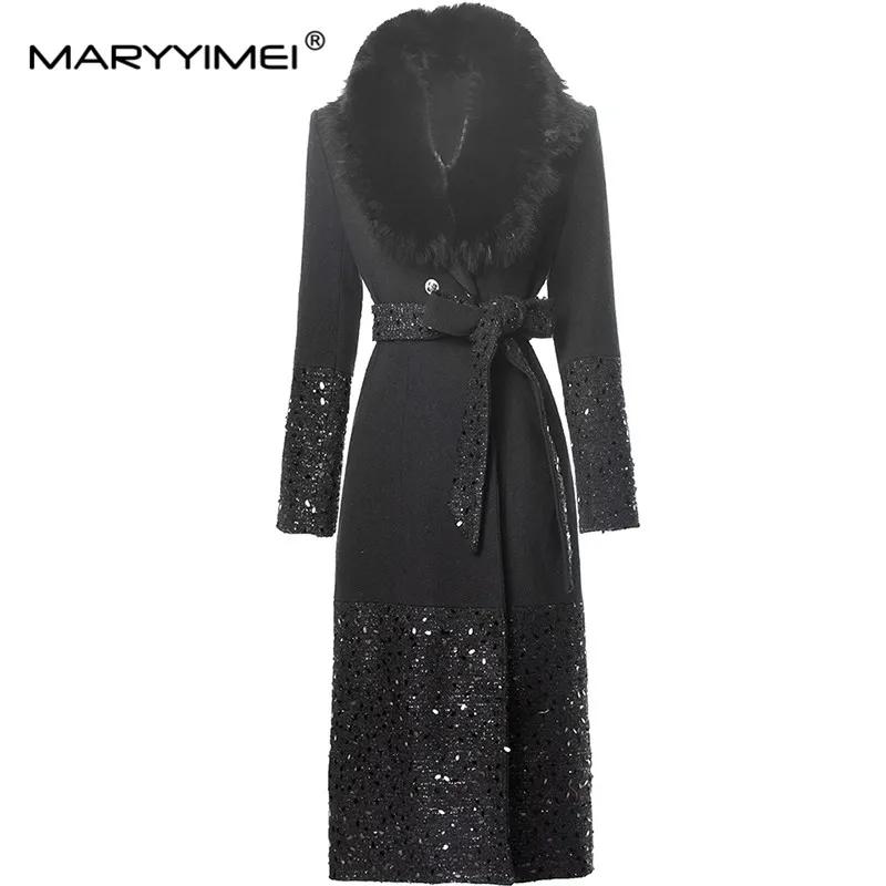 MARYYIMEI Women's Elegant Coat Woolen collar Long Sleeved Double Button Sequins Lace-Up Autumn and Winter Black Overcoat