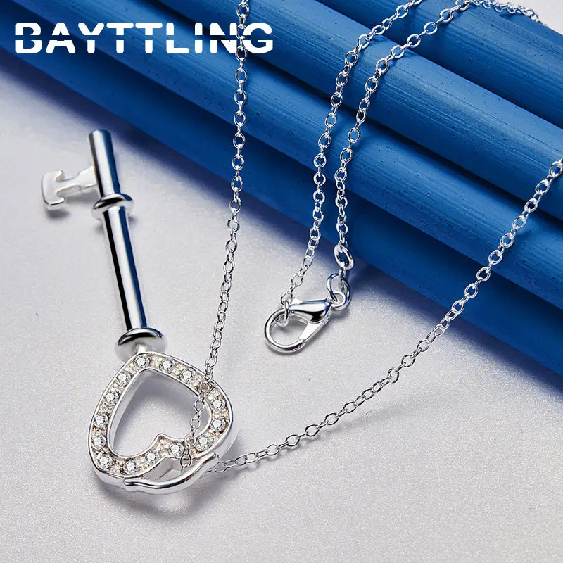 New Fine 925 Sterling Silver 16-30 Inches Heart Key Zircon Necklace For Women Men Fashion Charm Wedding Gift Accessories Jewelry