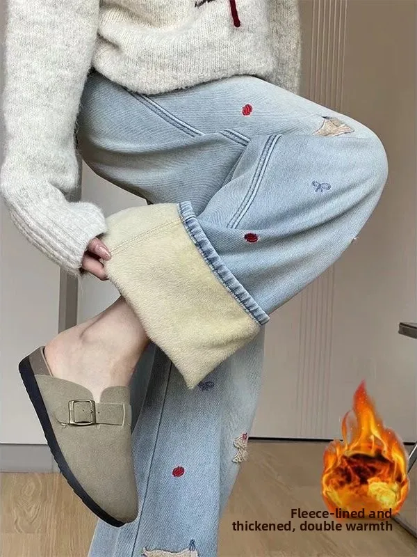 

Trendy Embroidered Fleece Lined High Waist Loose Women's Jeans Slimming Wide Leg Long Pants Comfortable Casual Straight Tube
