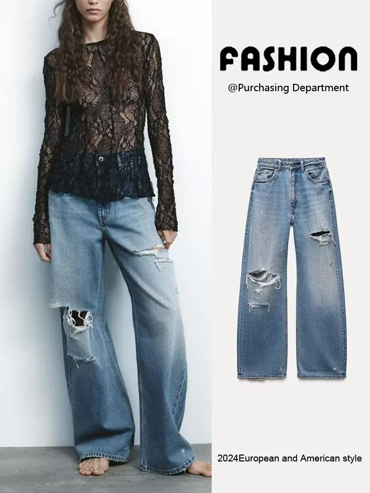 

Spring New Arrival Women's Faionable Versatile Hole Decoration Loose Mid-Waist Jeans Casual Classic Long Pants