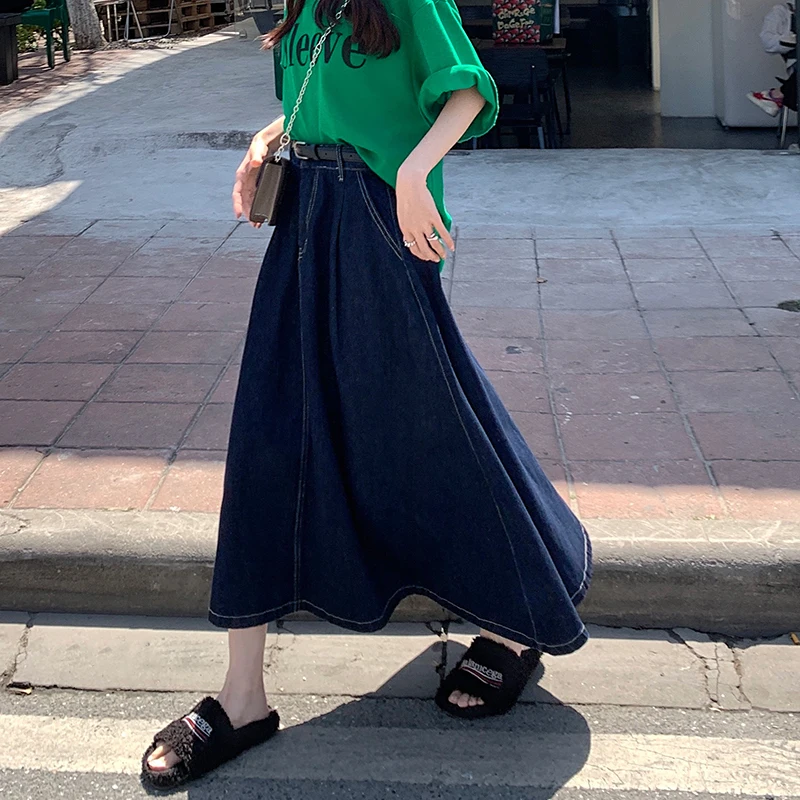 

S-XL Long Denim Skirt 2022 korean style High Waist Bal Grown A Line Midi Skirts Women Long Jean Skirt Style+belt (78880