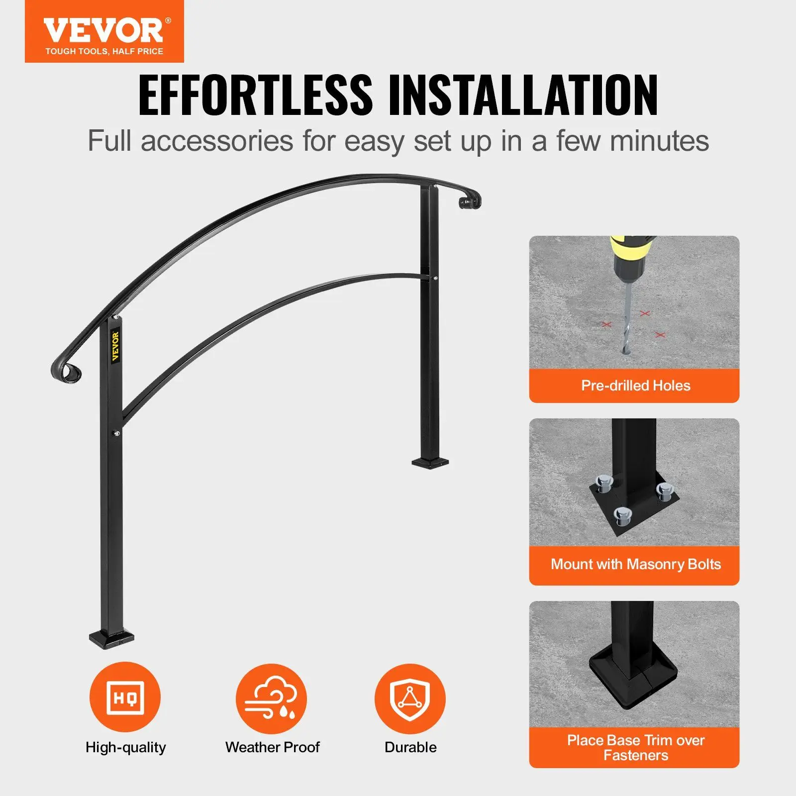 VEVOR Handrails for Outdoor Steps, Fit 1 or 5 Steps Outdoor Stair Railing, Black Wrought Iron Handrail, Flexible Front Porch Han