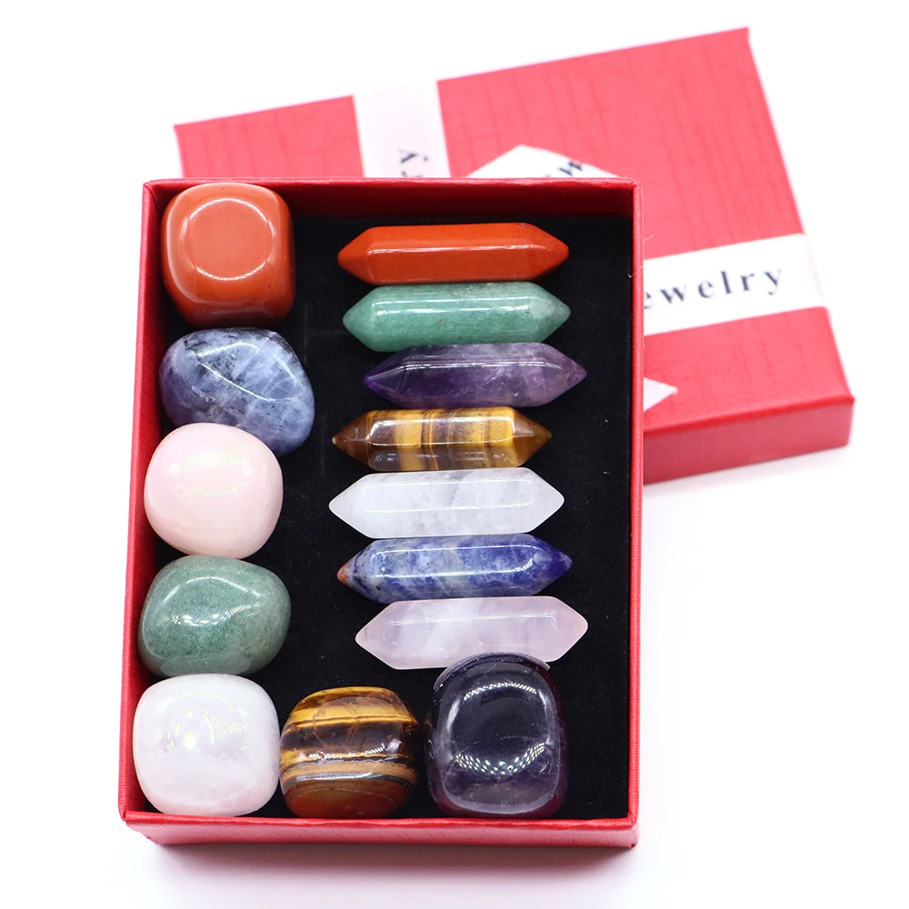 

14 PCS Set Chakra Natural Stone Healing Reiki Crystal Box Hexagon Pointed Quartz Tumbled Gemstone Meditation Therapy Home Decor