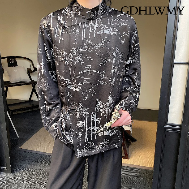 

GDHLWMY Autumn new Chinese brocade jacquard stand collar button long sleeved shirt for men and women, retro Zen style shirt