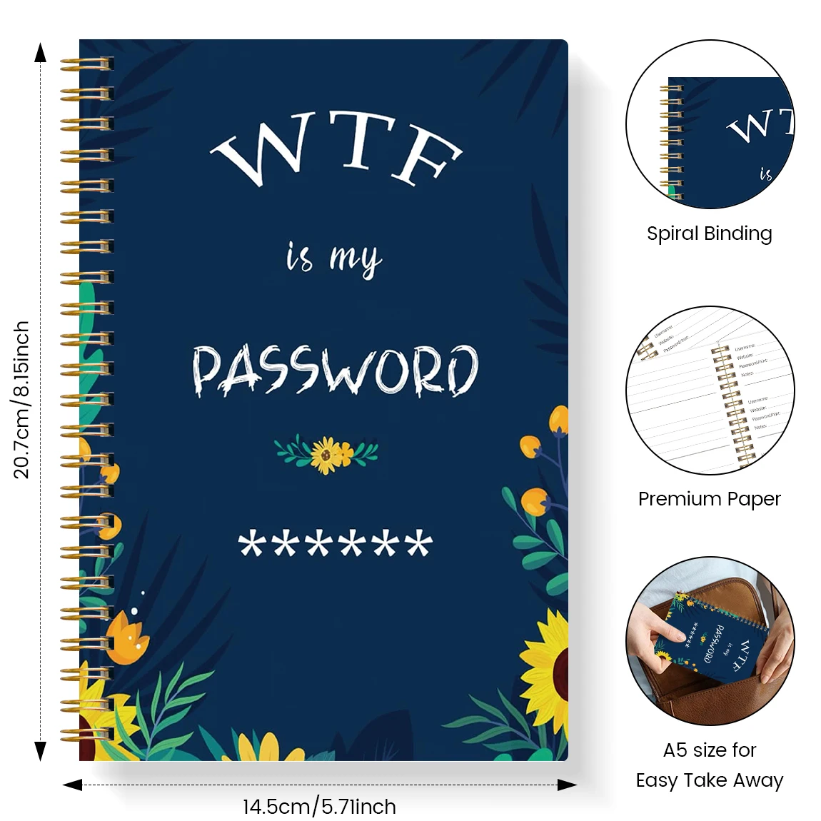 A5 كتاب كلمة المرور WTF غطاء مضحك منظم كلمة المرور دفتر سجل حلزوني لإدارة كلمة المرور على موقع Username #2
