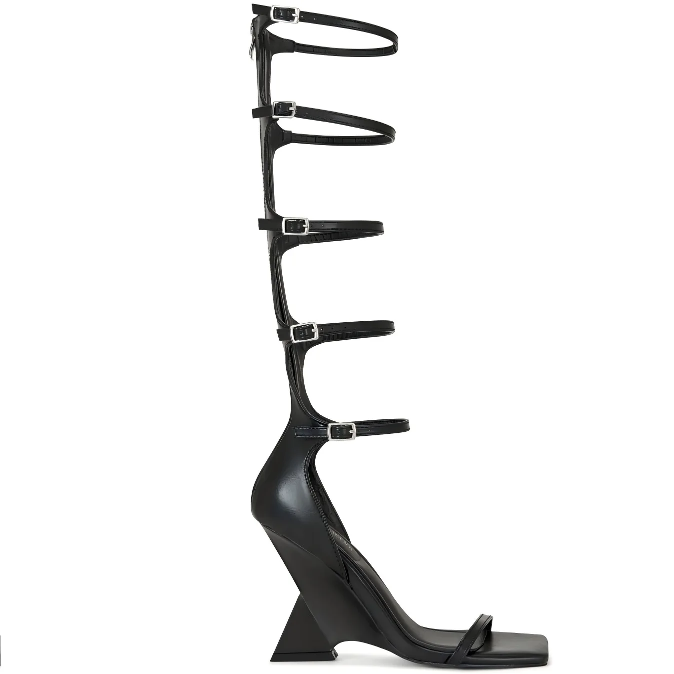 

High Boots Women's Shaped Heel Summer Thin Strap Buckle Open Square Toe Hollow Boots Rear Zipper Sexy Long Sandals