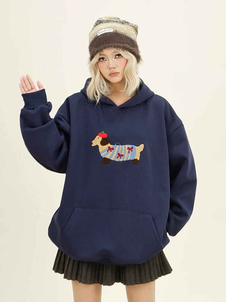 Women Sweatshirt Streetwear Couples Tops Casual Loose Hoodie Autumn Winter Cartoon Dog Embroidery Hooded Pullover