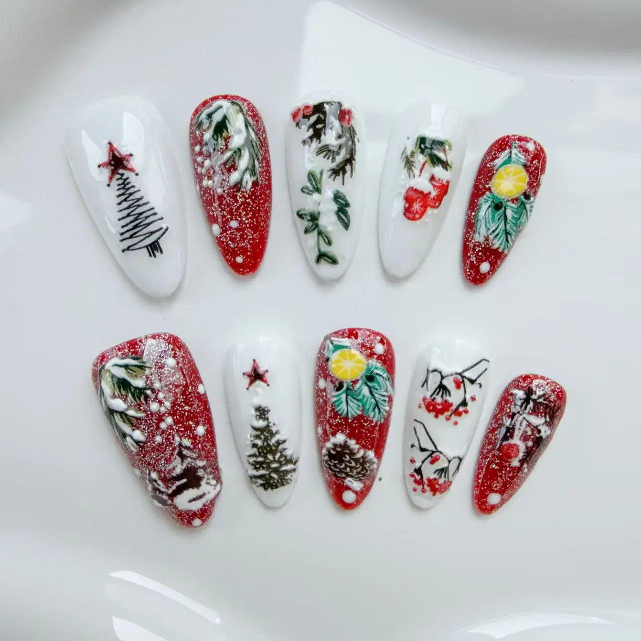 

Christmas New Handmade Armor Flying Snow Light Luxury Chinese Style Autumn and Winter Fake Nails