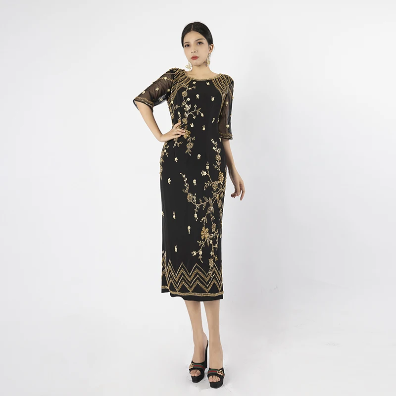 

Luxury Black Evening Dress for Women with Golden Beading Custom Midi Dress for Formal Occasions U8