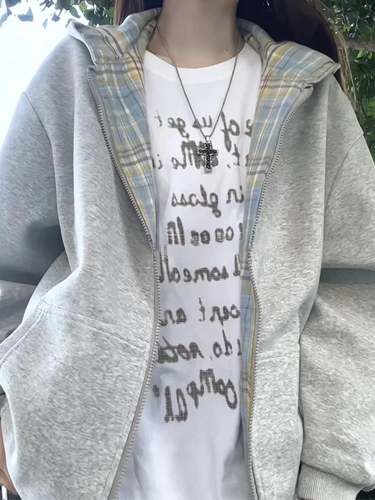 

Американская двусторонняя клетчатая толстовка на молнии с капюшоном для мужчин, осенне-зимняя, модная, в уличном стиле, плотная, с капюшоном, для пар.