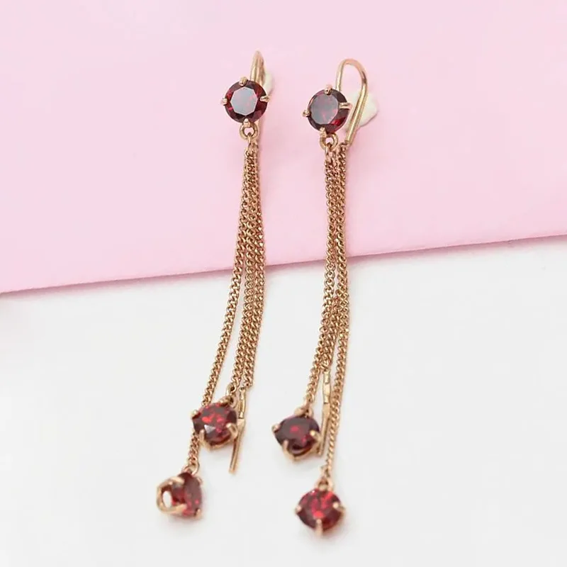 585 Purple Gold Light Luxury Long Chain Earings Plated 14K Rose Gold Inlaid Red Gem Tassel earrings for women Jewelry