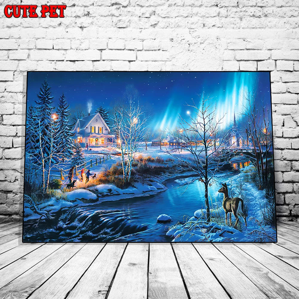 winter snow scene diamond painting diy handmade embroidery kit full square round drill Cross Stitch creek deer House home decor