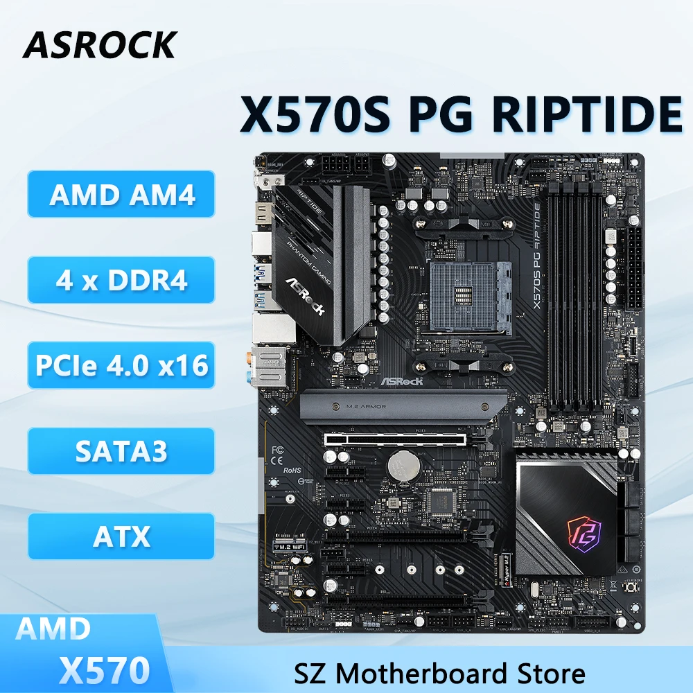 ASROCK AMD X570 AM4 Motherboard X570S PG RIPTIDE  Support Ryzen 5950X 5800X3D 5600X 3600 CPU DDR4 128GB M.2 Key-E for WiFi ATX