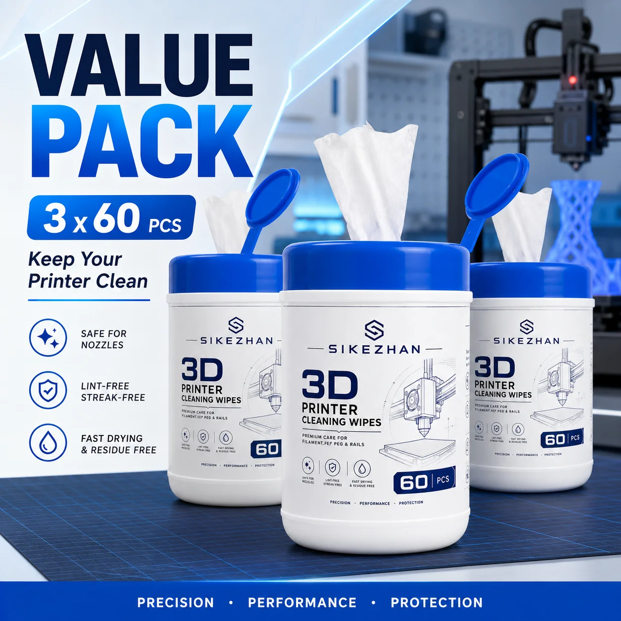 60 Count 3D Printer Cleaning Wipes for Nozzle Hotbed Build Plate FEP Film Rails Lint Free Fast Drying Maintenance Supplies