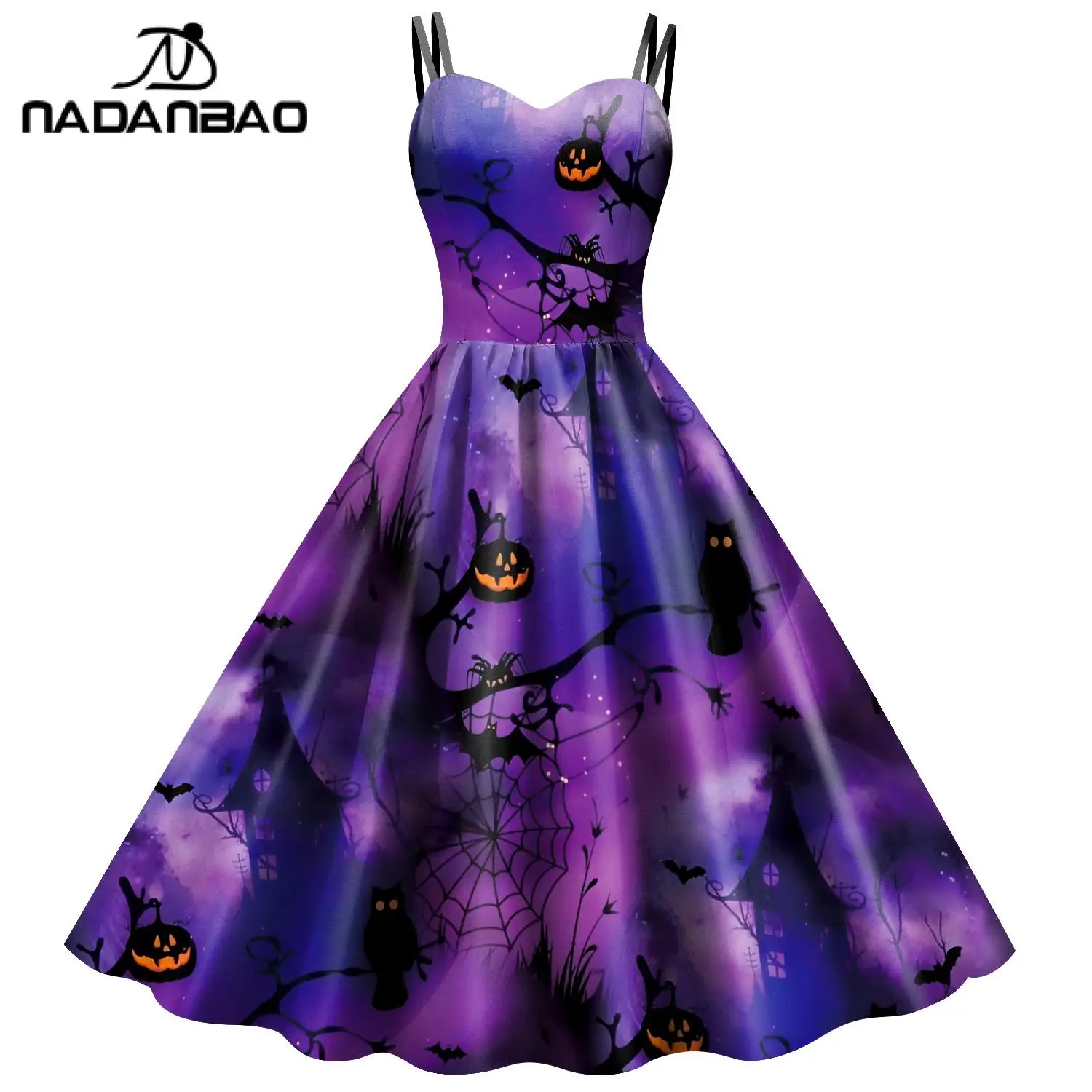 Nadanbao Halloween Funny Holiday Party Dresses Women Pumpkin Printing Slip Dress Girls Backless Flounce Slim Costume