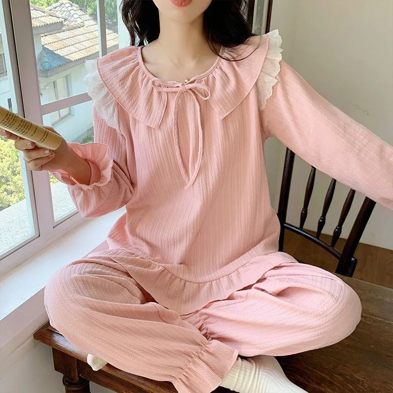 Women Spring Autumn New Pajamas with Chest Pad Solid Color Pyjamas Long Sleeve Ruffled Nightdress Simple Sweet Sleepwear Set