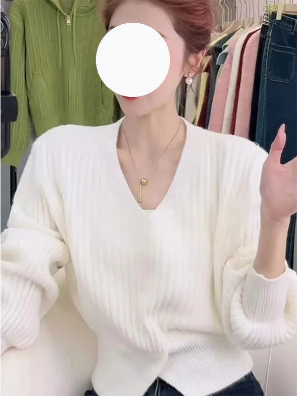 

Korean Sle Loose Fit ort Sve Long V-Ne Soft Pure Color Knitted Sweater Autumn 2025 New Faion Women's Top