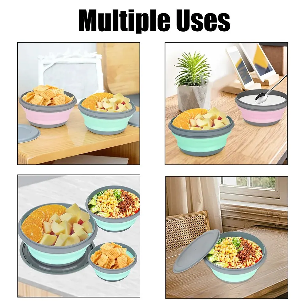 3 Pieces Silicone Folding Bowls with Lid Foldable Lunch Box Portable Salad Bowl Sets