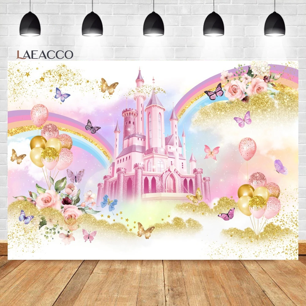 

Laeacco Pink Royal Castle Backdrop Fairytale Gold Balloon Butterfly Rainbow Girl Birthday Portrait Custom Photography Background