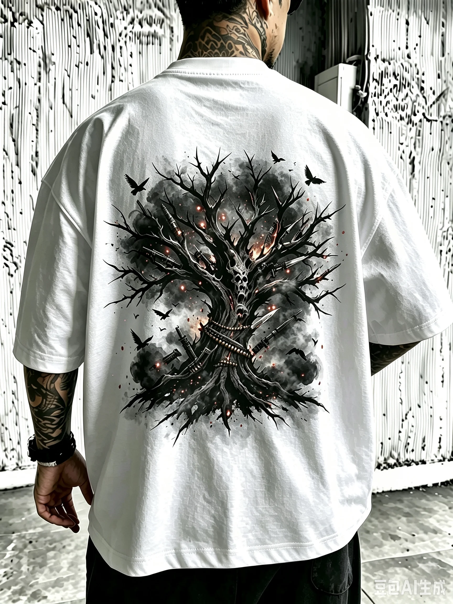 Men Women Unisex Oversized Cotton T-Shirt, Dark Gothic Dead Tree Crow Bullet Weapon Skull Back Print Tee, Horror Vintage Streetwear Casual Short Sleeve Tops