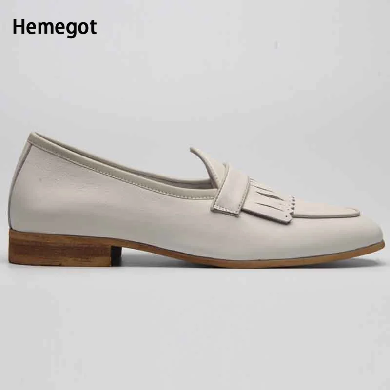 Summer White Tassel Slip-On Loafers Top Layer Cowhide Loafers Men\'s Handmade Driving Casual Shoes Men\'s Comfortable Flat Shoes