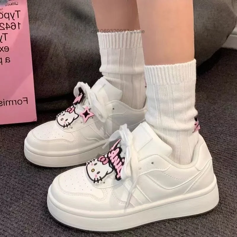 New Star Hello Kitty Lace-up White Sneakers Shoes for Women Student Versatile Casual Thickened Bottom Lightweight Board Shoes