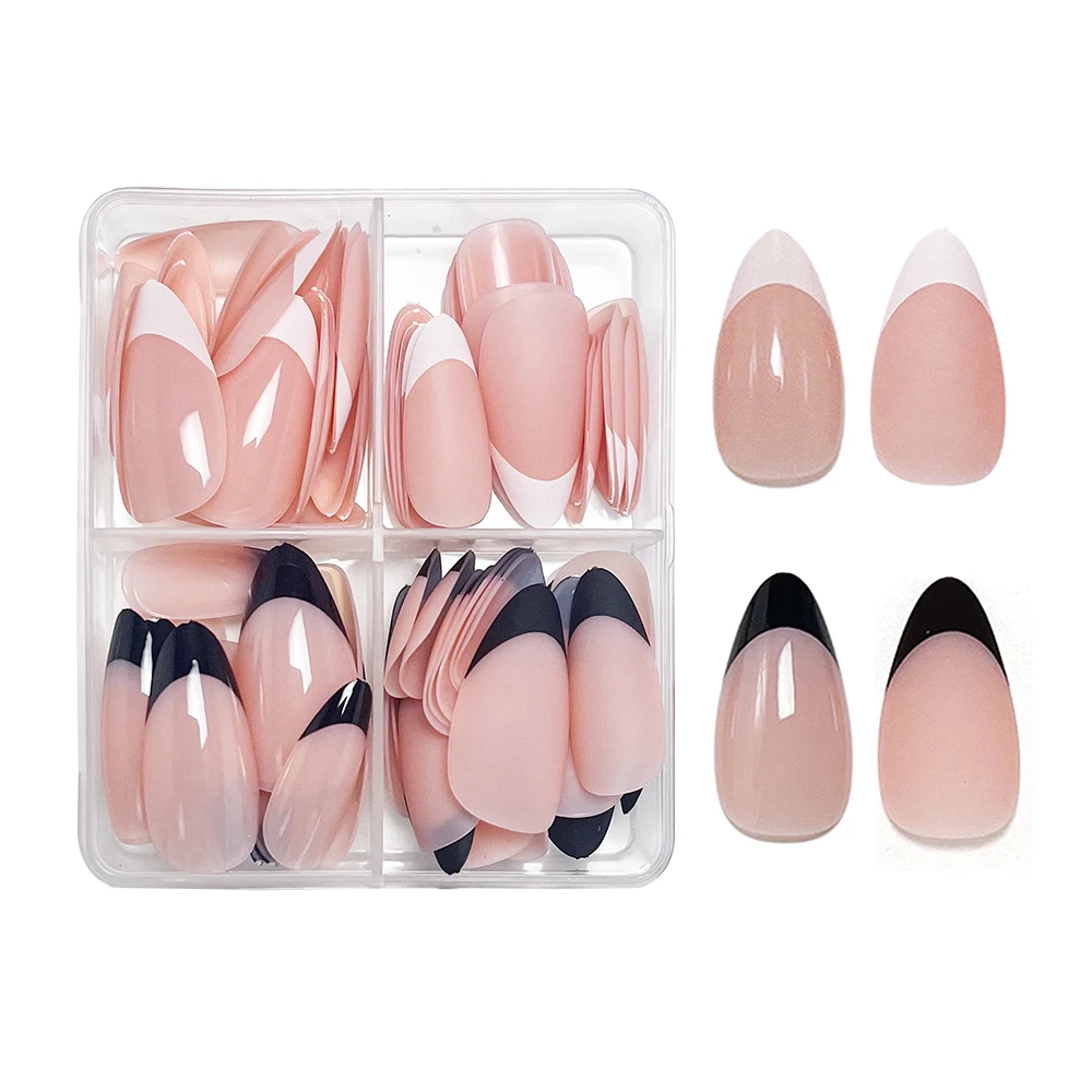 96pcs Upgraded French Tips Press on Nail Tips Matte/Glossy Pre-French Black White Smile Guide Pre-applied Fake Nail Extension