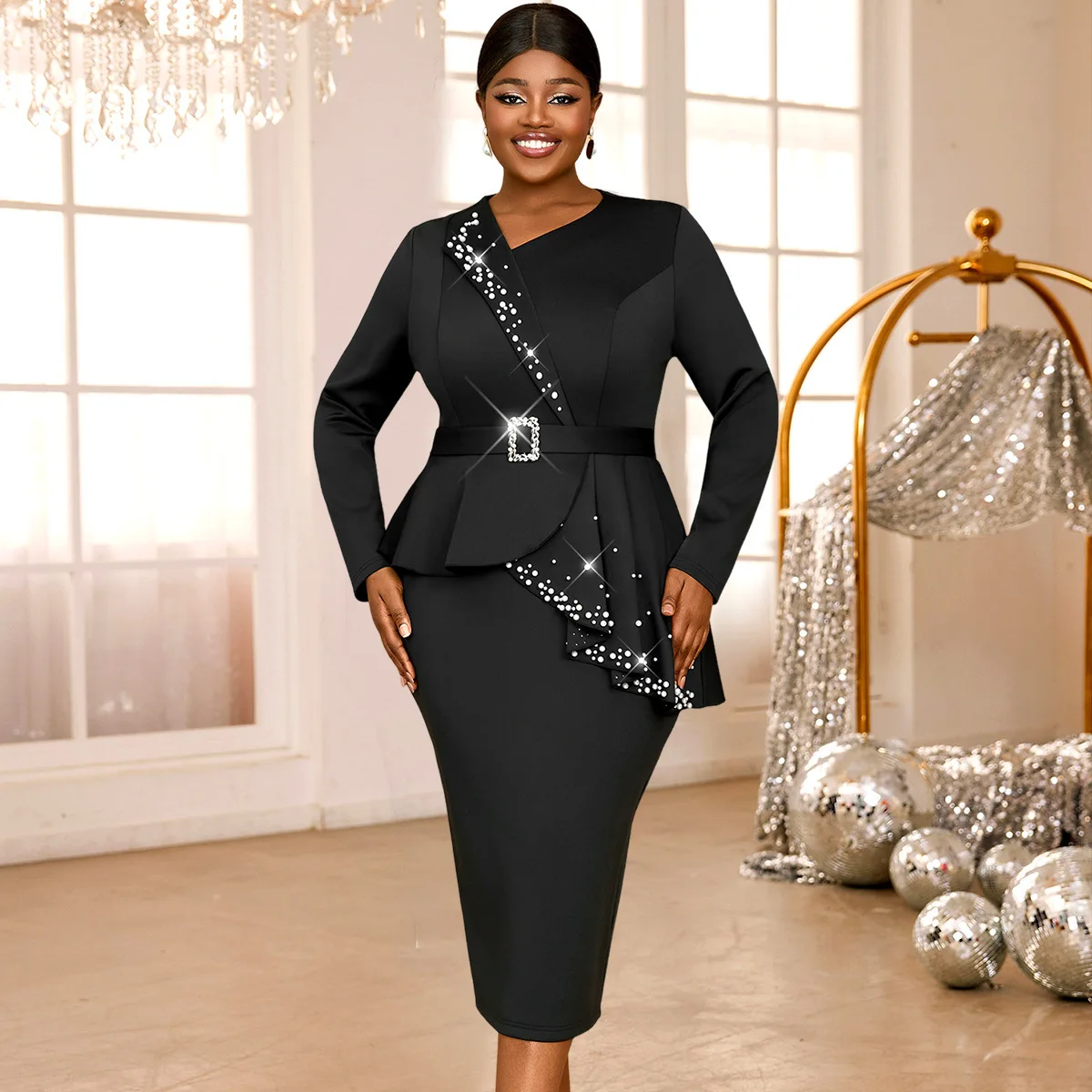 Am 050133 Ruffle Beaded Dress Ruffle Black Slimming Tummy Cover Plus Size Graduation Dress for Women Summer Elegantes Casual Y2k