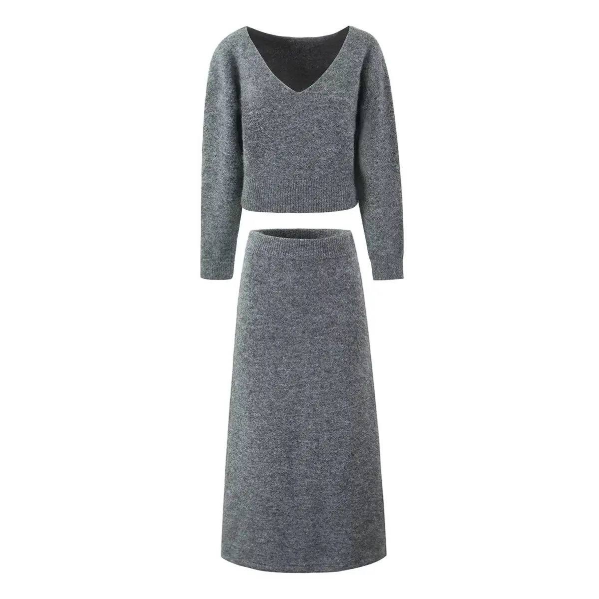 

Fall Y2k Pullover Set Classic V-neck Long-sleeved Gray Knit Sweater Casual High-waisted Knit Bustier Long Skirt Women