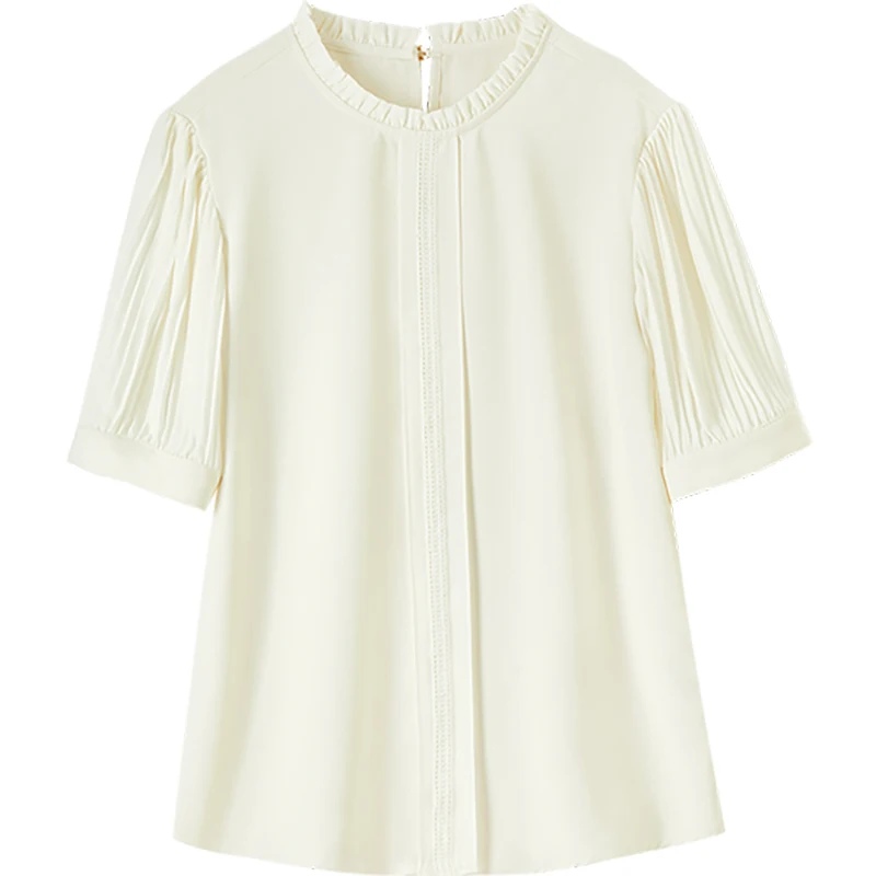 Sentubila Casual Blouse for Woman Summer New Arrival O-neck Edible Tree Fungus Short-sleeved Solid Chiffon Shirt 132V49235