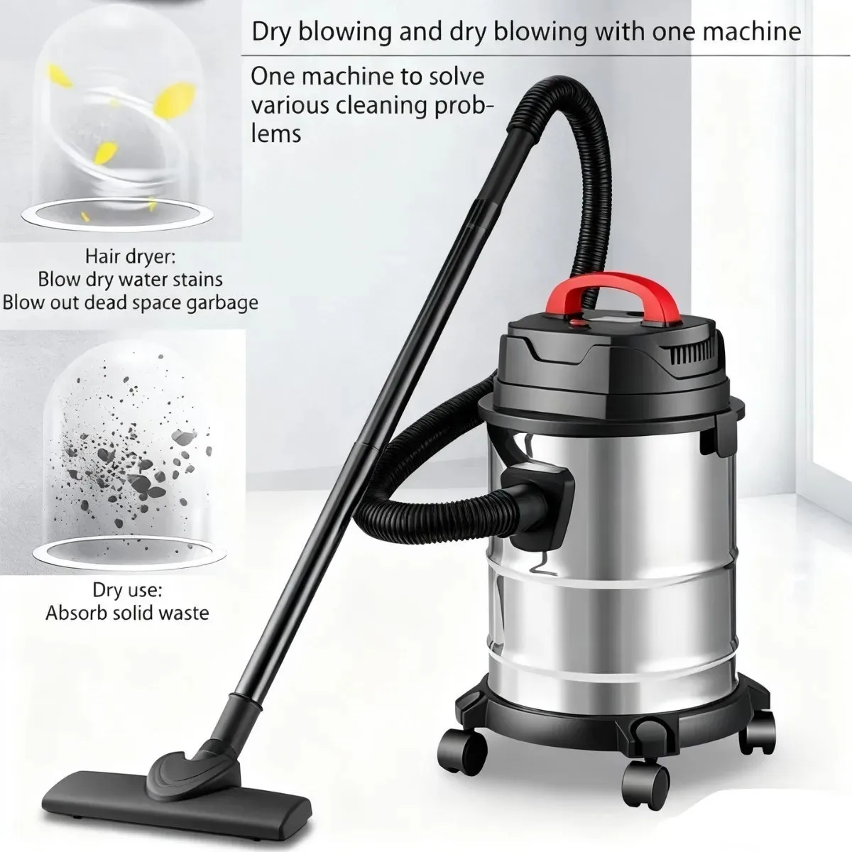20L Wet & Dry Vacuum Cleaner, High Power Industrial Vacuum with Copper Motor, Strong Suction & Blower Function, HEPA Filter, 12m Operating Range, 9 Multi-Function Nozzles, 360° Swivel Wheels for Home Garage Workshop
